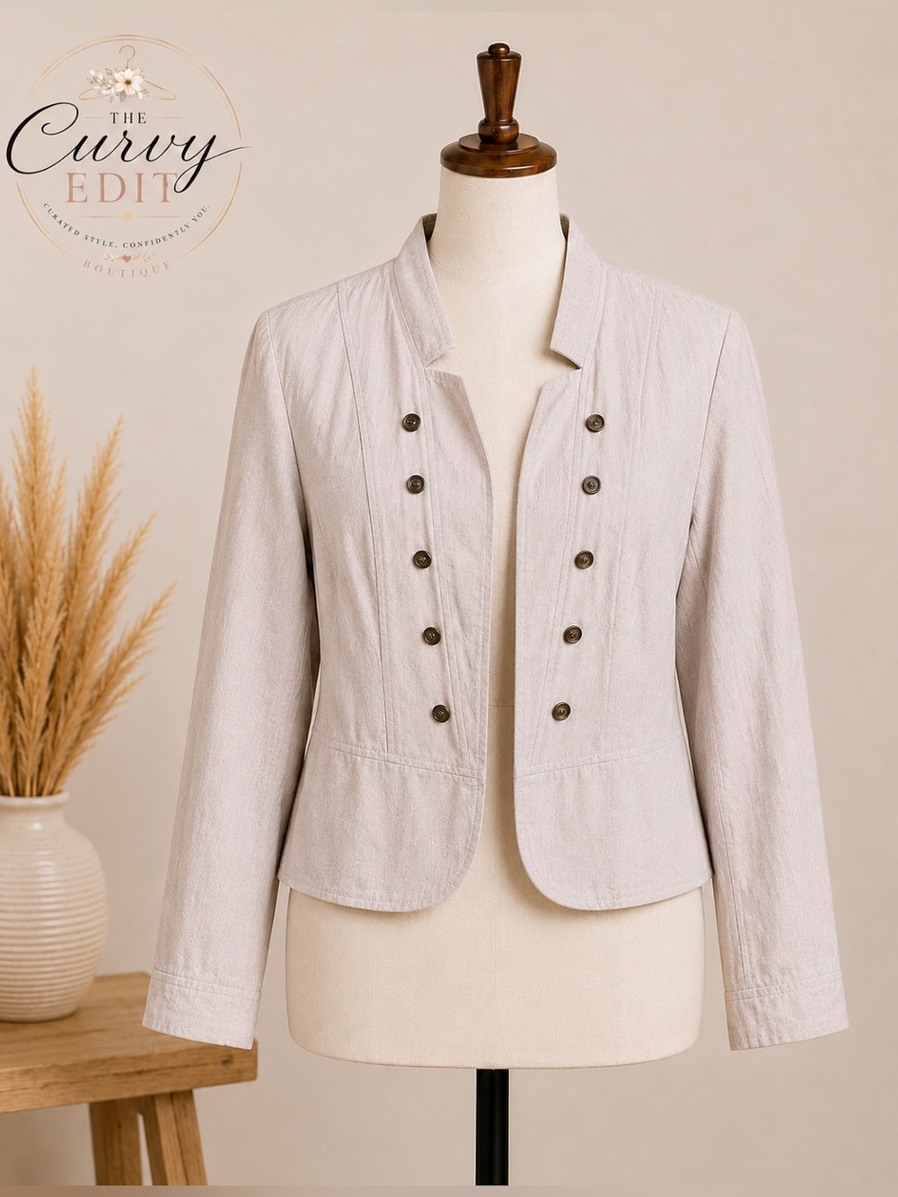 Dress Barn Linen Blend Military-Inspired Jacket 1X | Neutral Beige Button Detail